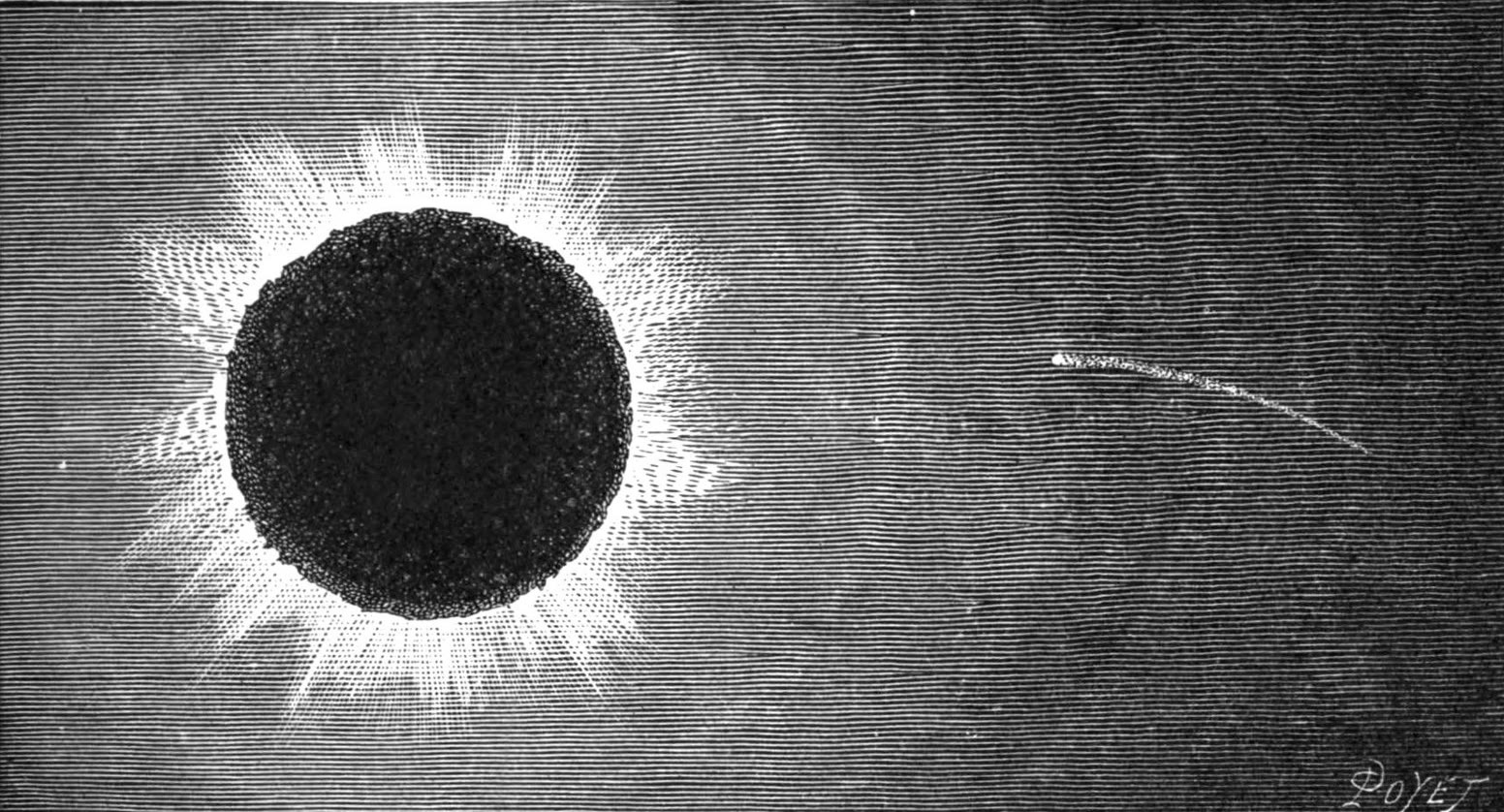 Gravure : le disque noir de la Lune entouré de la couronne, et une comète à sa droite